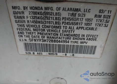 2011 Honda Pilot Ex-L from USA, damaged, VIN 5FNYF3H72BB044994